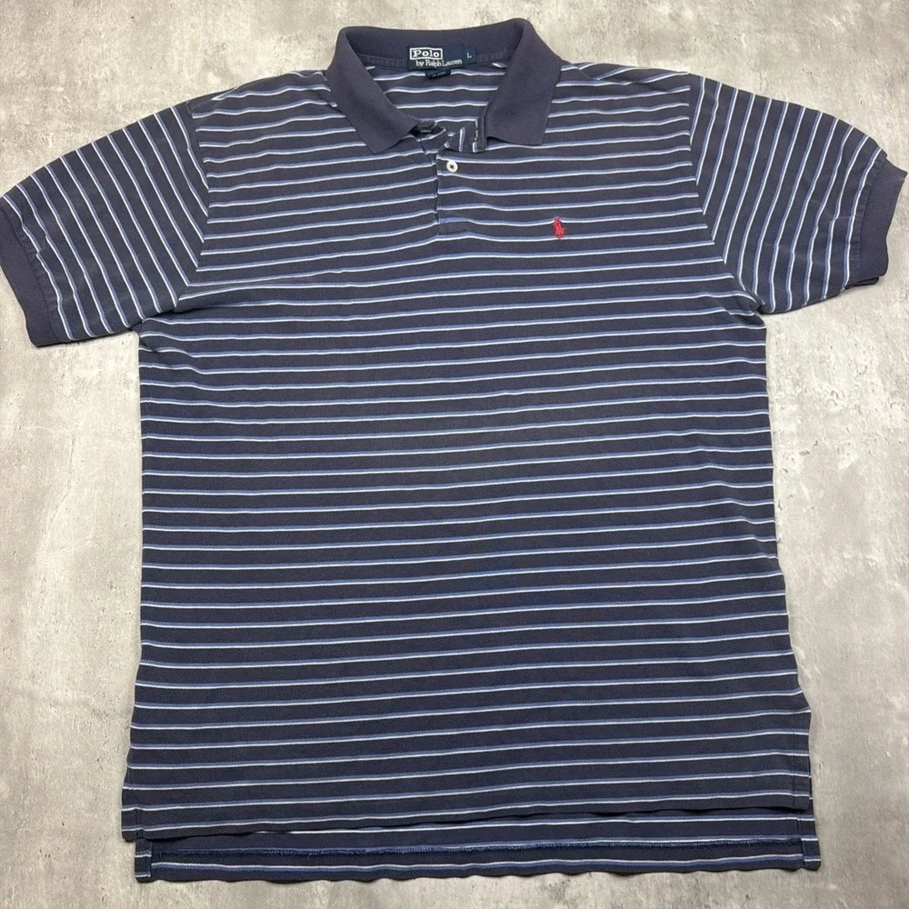 Polo Ralph Lauren Polo Shirt Mens L Blue Striped Short Sleeve Pony Logo Preppy